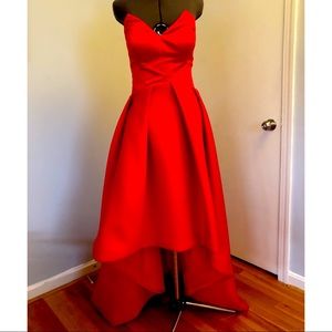 Red strapless hi-lo prom homecoming cocktail gown